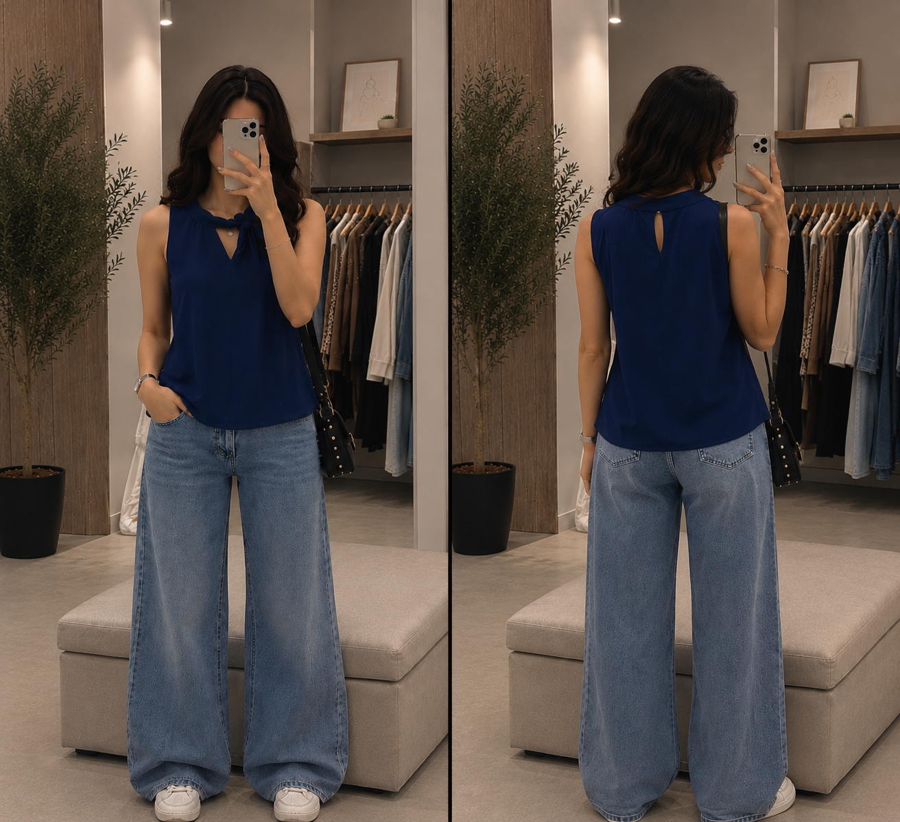 تاپ زنانه یقه‌گره‌ای آبی کاربنی / مدل پشت حلقه‌ای( بالای ۵۰ درصد تخفیف بر روی تمام پوشاک سایت)