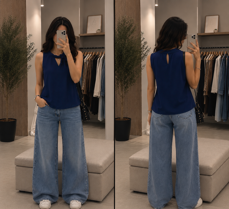 تاپ زنانه یقهگرهای آبی کاربنی / مدل پشت حلقهای( بالای ۵۰ درصد تخفیف بر روی تمام پوشاک سایت)