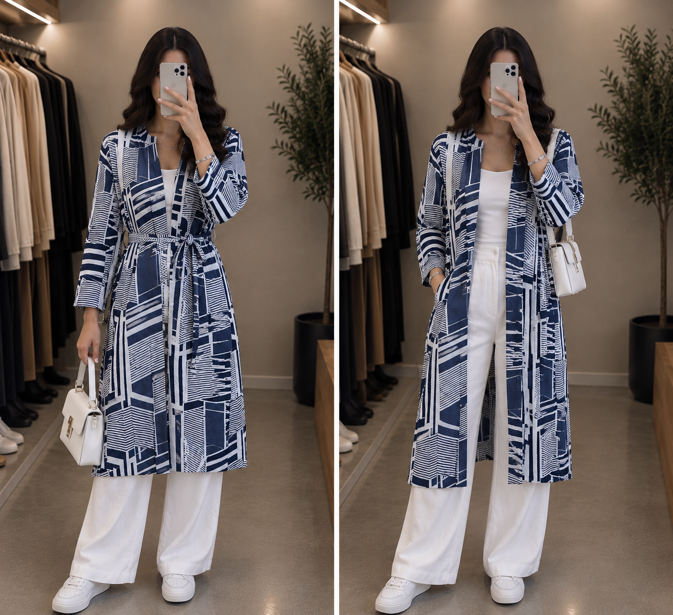 مانتو زنانه سرمه‌ای سفید طرح هندسی/ مدل کمربندی و جلو باز