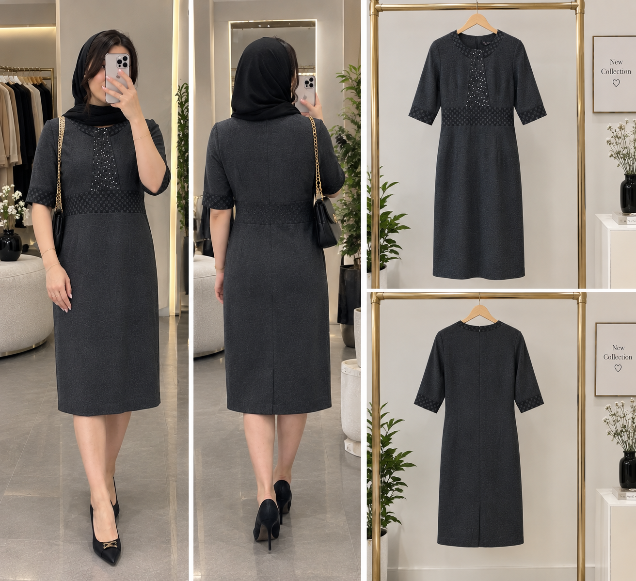 پیراهن زنانه طوسی با جزئیات نگین‌دار