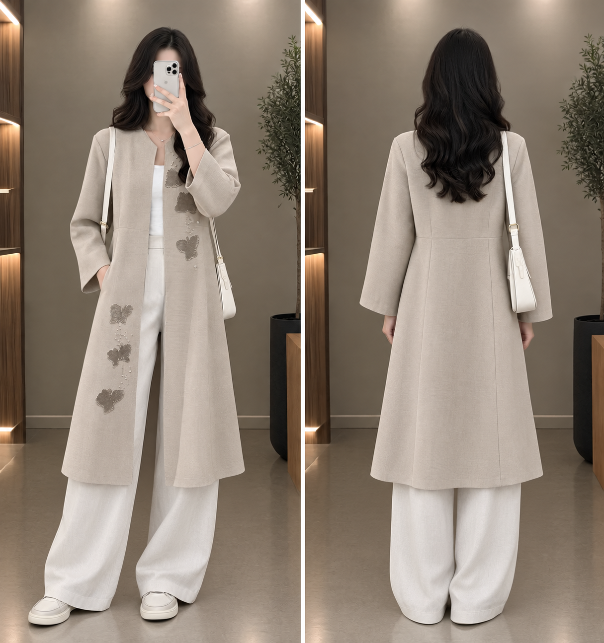 مانتو زنانه کرم گرم بالا جنس درجه یک با طرح پروانه و نگین‌دوزی