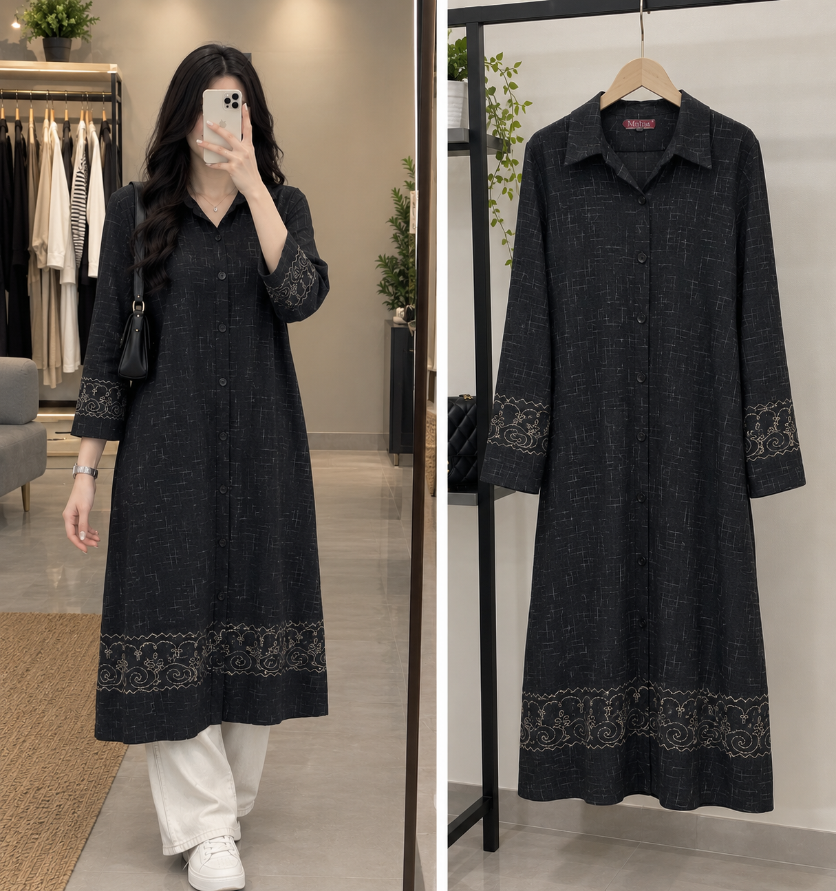 مانتو مشکی گلدوزی‌دار یقه‌دار